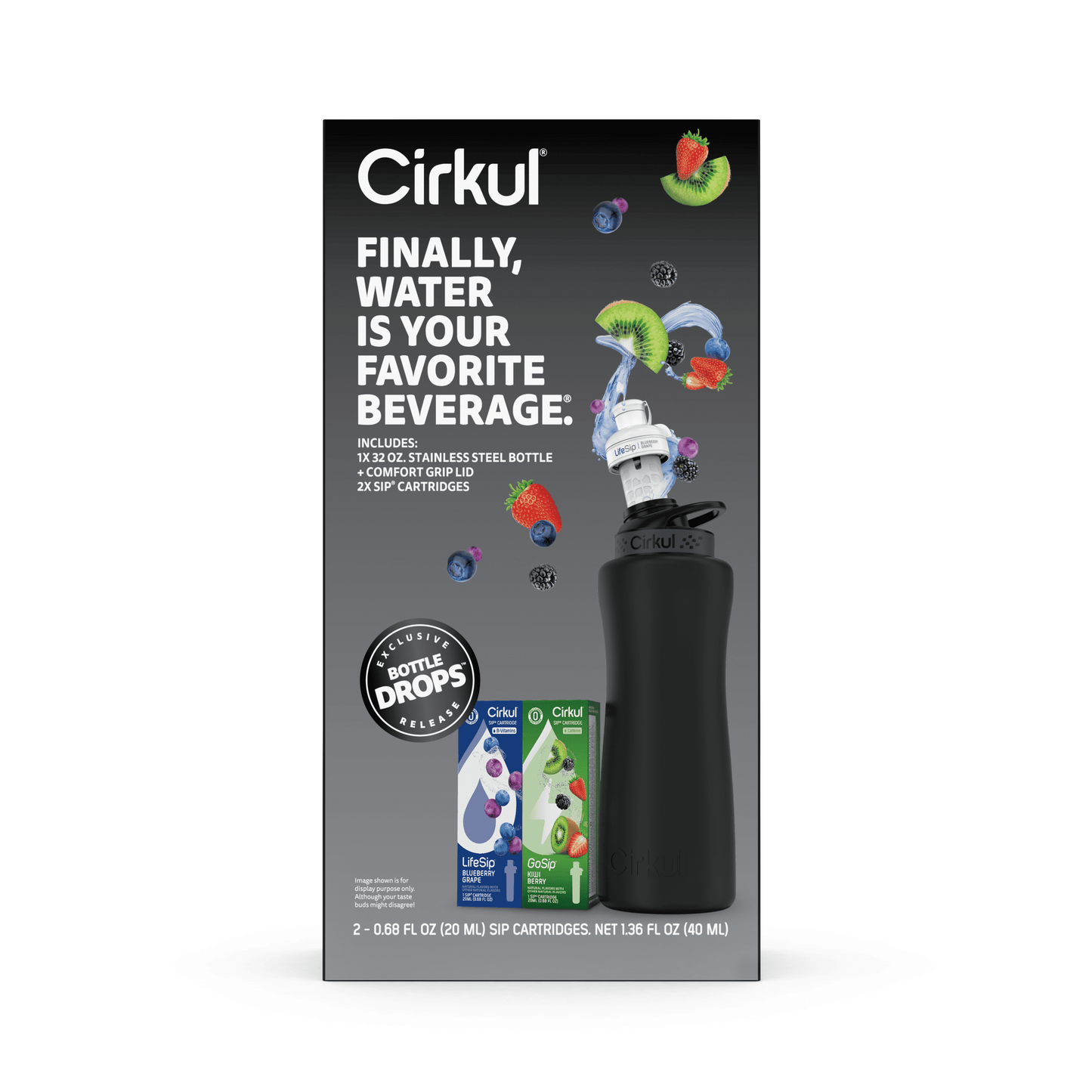 (4 Pack) 32Oz Matte Black Stainless Steel Starter Kit with Matte Black Lid 2.0 and 2 Flavor Cartridges (Blueberry Grape & Kiwi Berry)