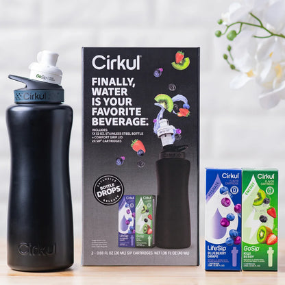 (4 Pack)  32Oz Matte Black Stainless Steel Starter Kit with Matte Black  Lid 2.0 and 2 Flavor Cartridges (Blueberry Grape & Kiwi Berry)