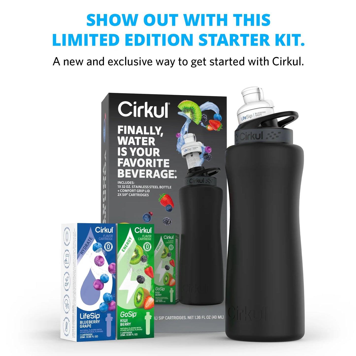(4 Pack)  32Oz Matte Black Stainless Steel Starter Kit with Matte Black  Lid 2.0 and 2 Flavor Cartridges (Blueberry Grape & Kiwi Berry)