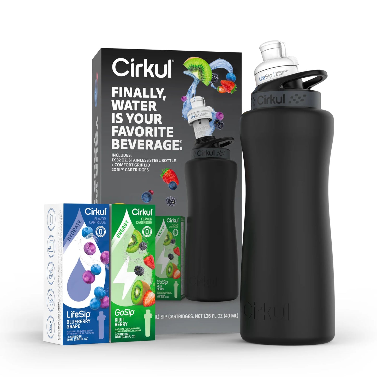(4 Pack)  32Oz Matte Black Stainless Steel Starter Kit with Matte Black  Lid 2.0 and 2 Flavor Cartridges (Blueberry Grape & Kiwi Berry)